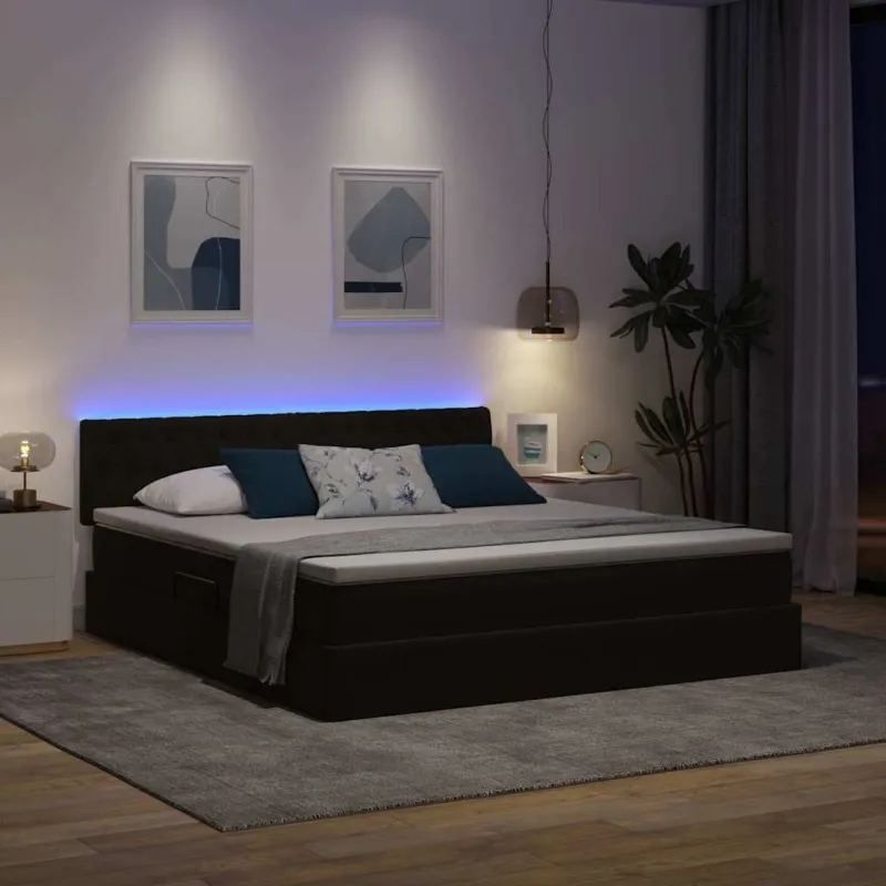 LED saugojimo lova su čiužiniu Juoda 180 x 200 cm Aksomas