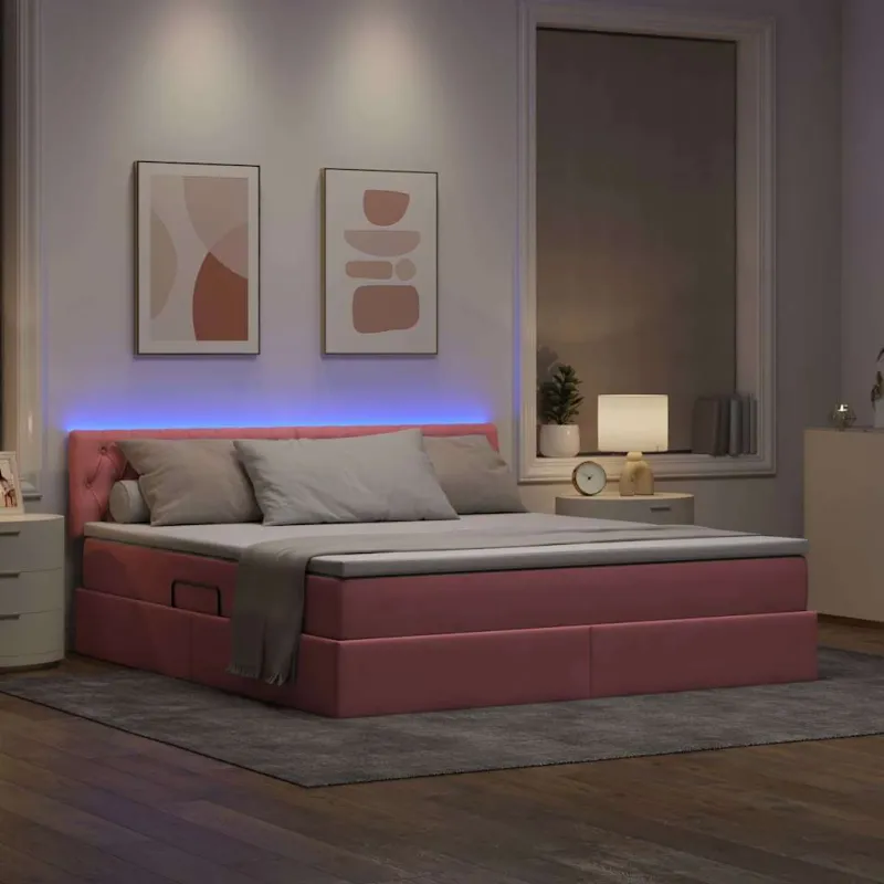 LED saugojimo lova su čiužiniu Rožinė 180 x 200 cm Aksomas