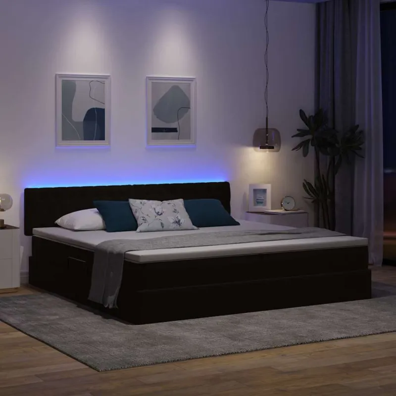 LED saugojimo lova su čiužiniu Juoda 200 x 200 cm Aksomas