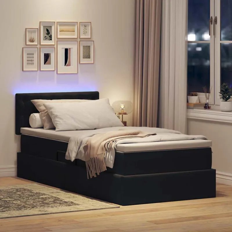 LED saugojimo lova su čiužiniu Juoda 90 x 190 cm Aksomas