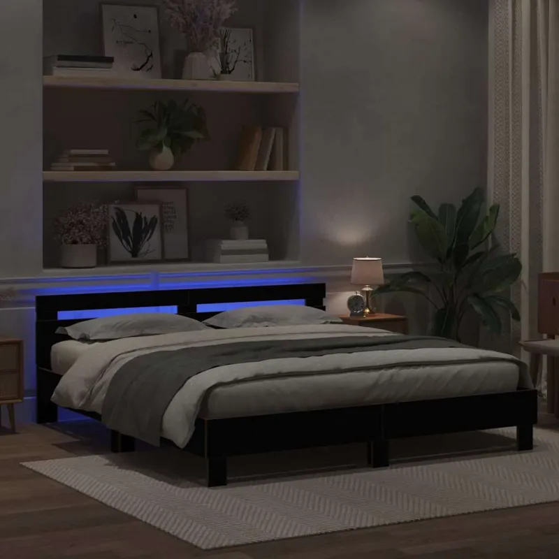 Lovos rėmas su LED Juodas ąžuolas 200 x 200 cm Apdirbta mediena