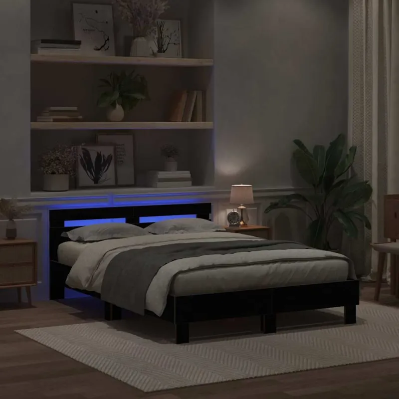 Lovos rėmas su LED Juodas ąžuolas 140 x 190 cm Apdirbta mediena