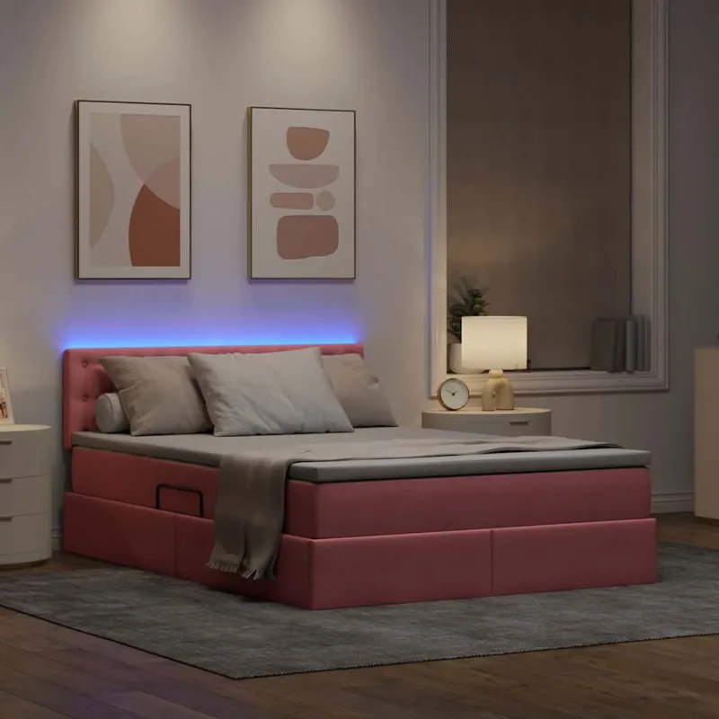 LED saugojimo lova su čiužiniu Rožinė 140 x 190 cm Aksomas