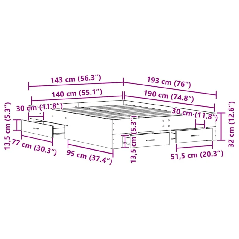 Lovos rėmas Juodas ąžuolas 140 x 190 cm Apdirbta mediena