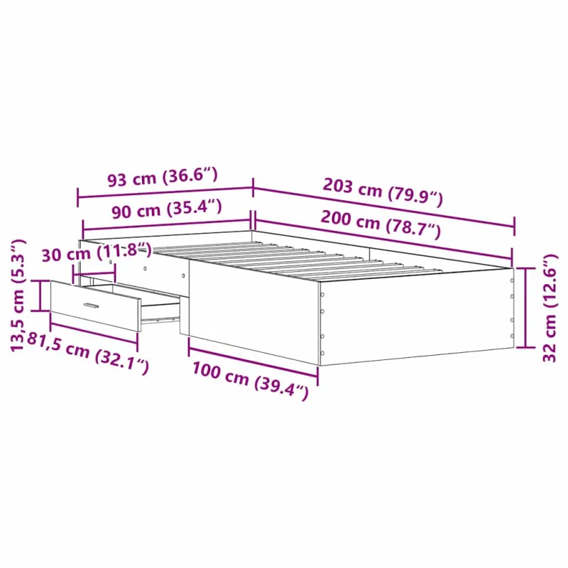 Lovos rėmas Juodas ąžuolas 90 x 200 cm Apdirbta mediena
