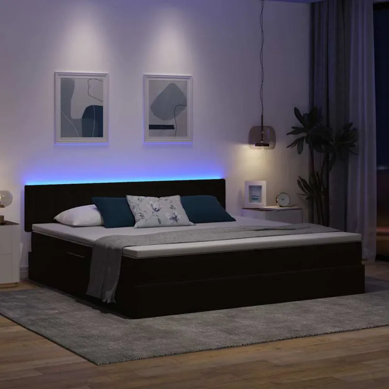 LED saugojimo lova su čiužiniu Juoda 200 x 200 cm Aksomas