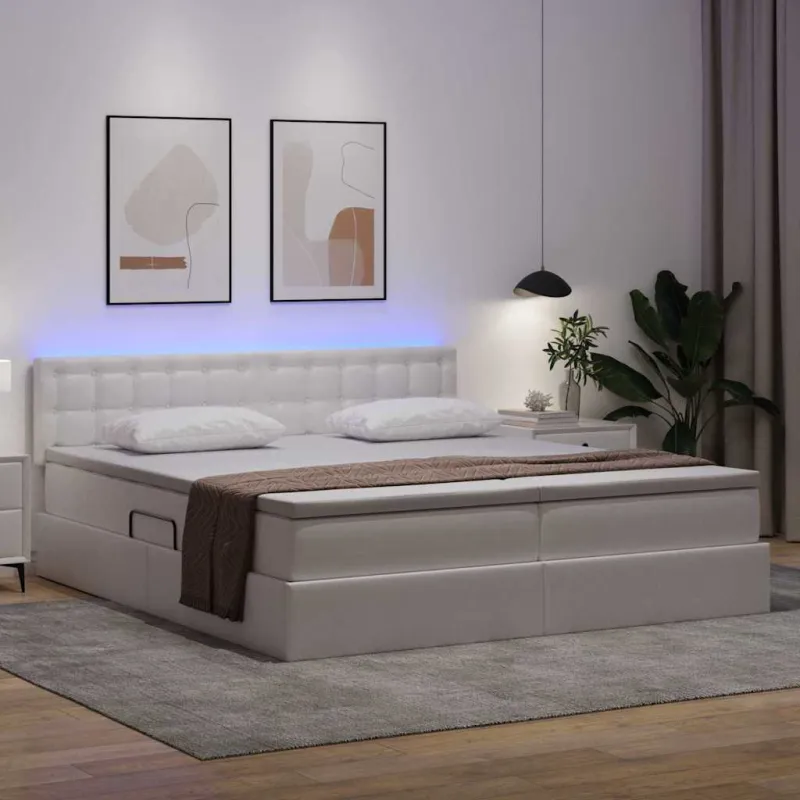 Lova su daiktų laikymo vieta ir LED Švari balta 200 x 200 cm