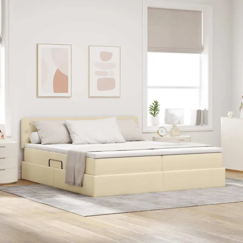LED saugojimo lova su čiužiniu Kremas 200 x 200 cm Audinys