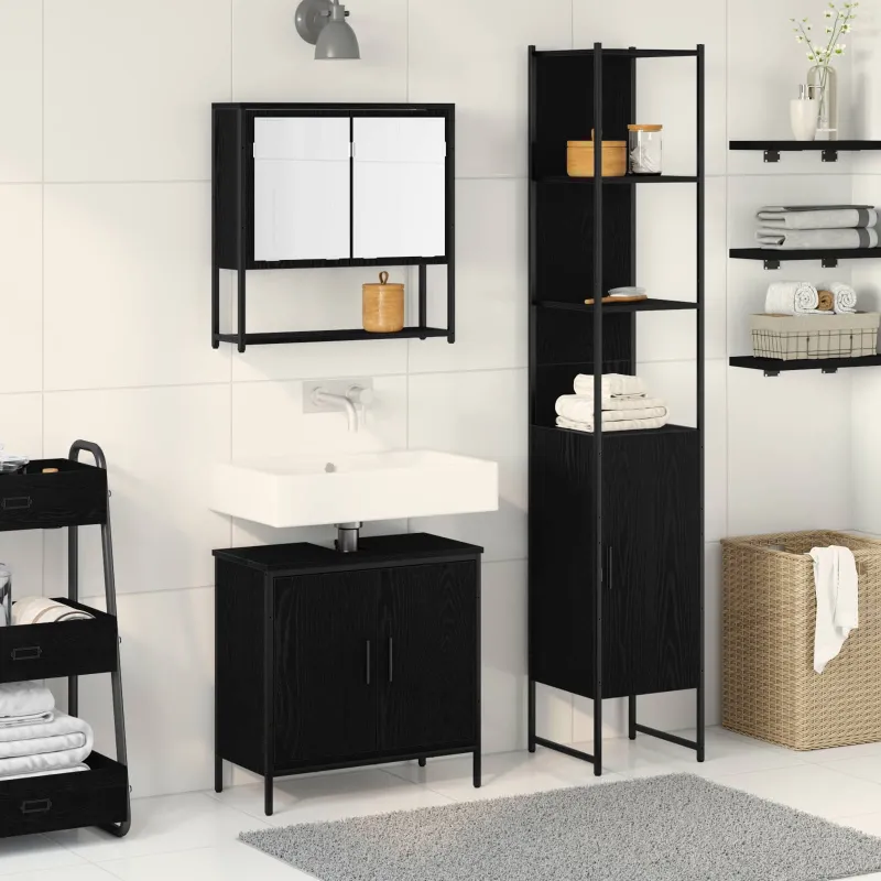 Vonios baldų rinkinys su lentyna 3 pcs Juoda Apdirbta mediena