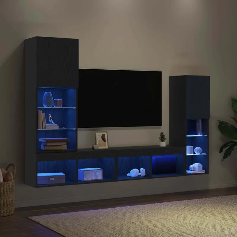 Televizoriaus spintelė 4 pcs juoda ąžuolo Apdirbta mediena