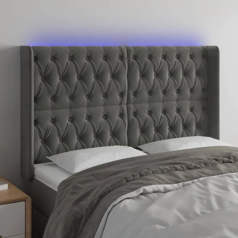 Galvūgalis su LED, tamsiai pilkas, 147x16x118/128cm, aksomas