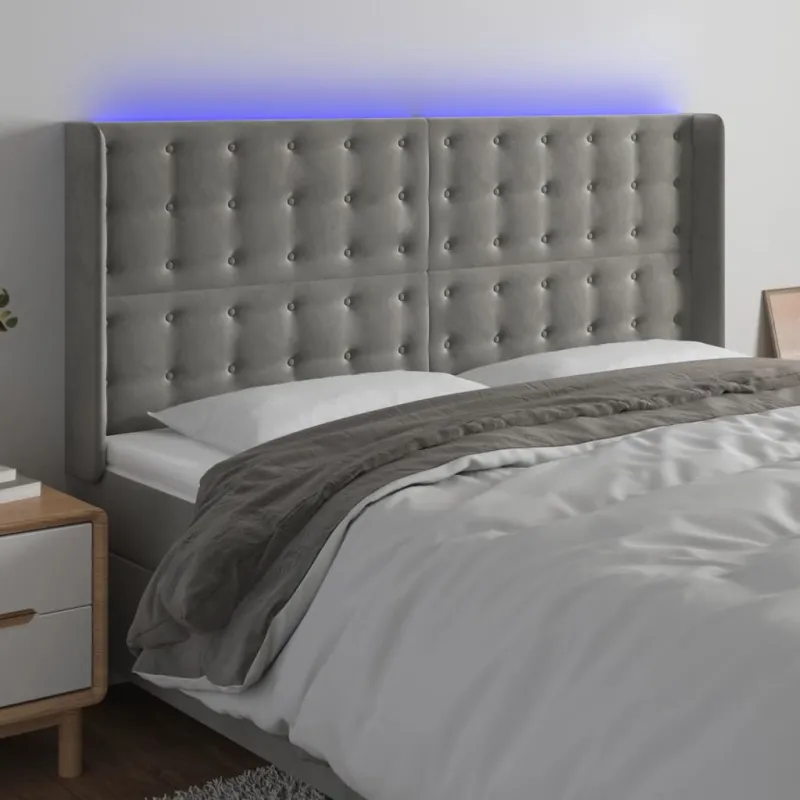 Galvūgalis su LED, šviesiai pilkas, 203x16x118/128cm, aksomas